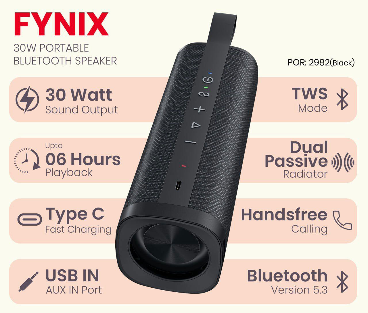 Fynix 30W Portable Bluetooth Speaker – TWS, Type-C Fast Charging, Bluetooth 5.3 (POR-2982, Black)