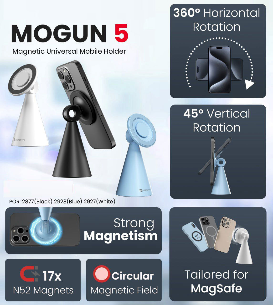 MOGUN 5 Magnetic Universal Mobile Holder (360° Rotation, MagSafe Compatible, Strong N52 Magnets)