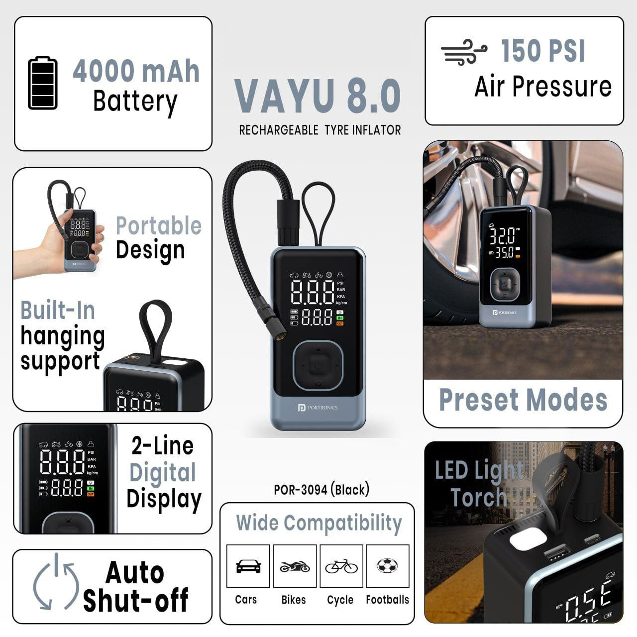 Vayu 8.0 Portable Tyre Inflator – 4000mAh, 150 PSI Digital Air Pump with LED Light (POR-3094, Black)